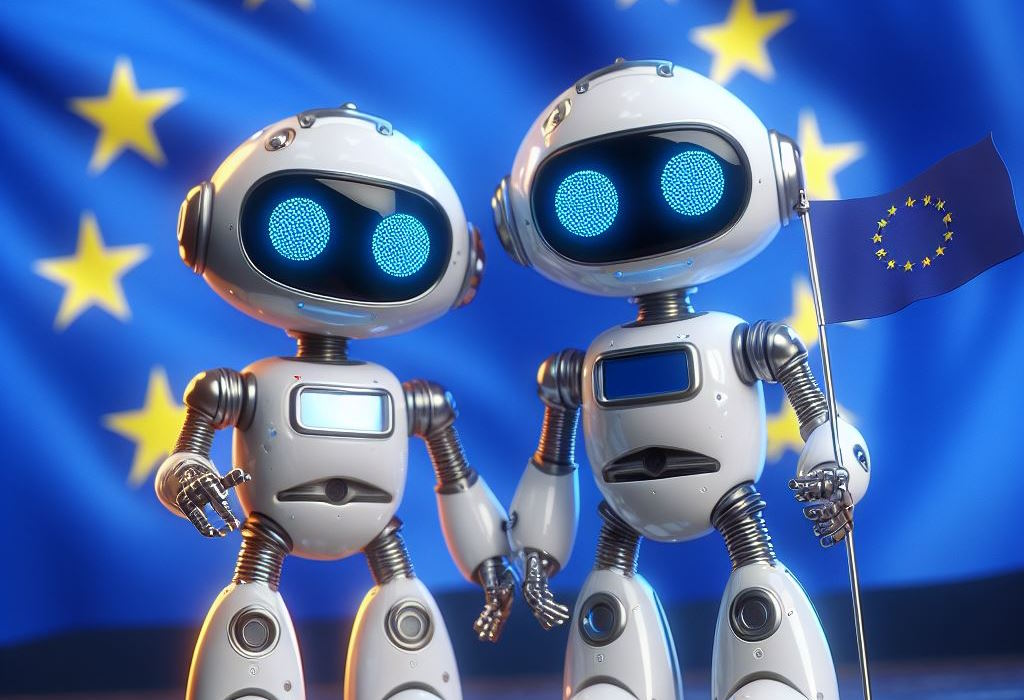 Roboti ispred EU zastave - ilustracija