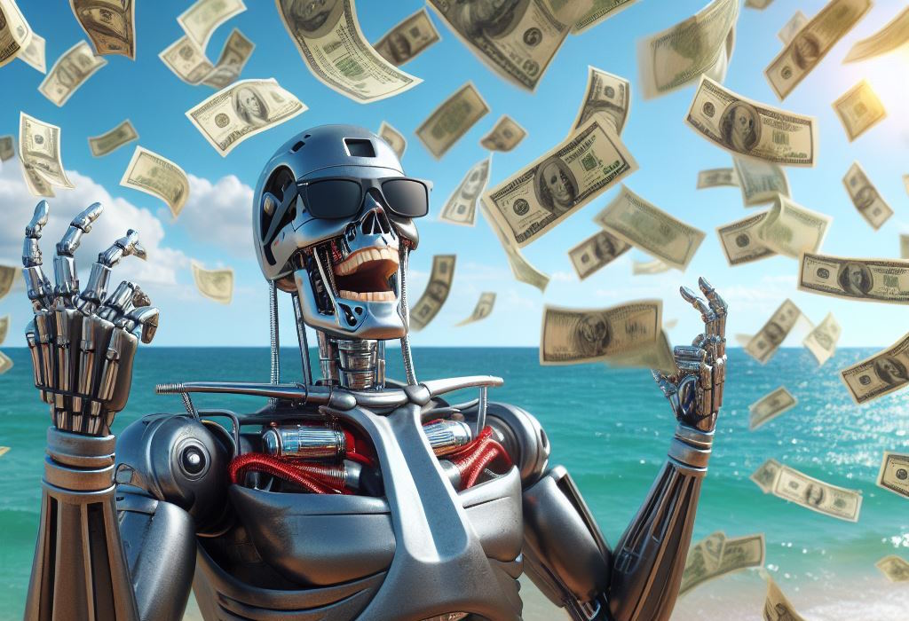 Sretni Terminator s novcem - umjetnička ilustacija